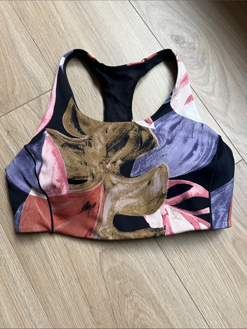 Abstract Floral Racerback Sports Bra - Pink, Purple & Black